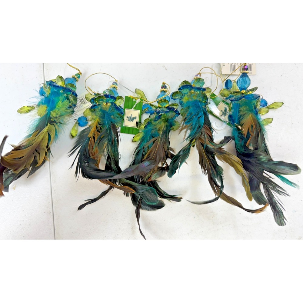 Green Feather Decorative Birds‎ with Green & Blue Tinsel Tails (6)